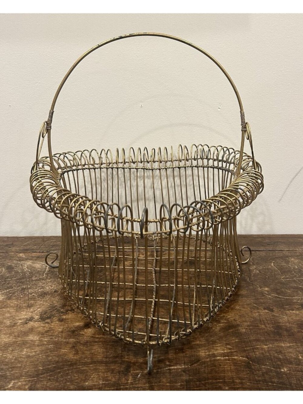 Vintage French Country Heart Shaped Wire Gathering Basket footed 14” Tall Rustic